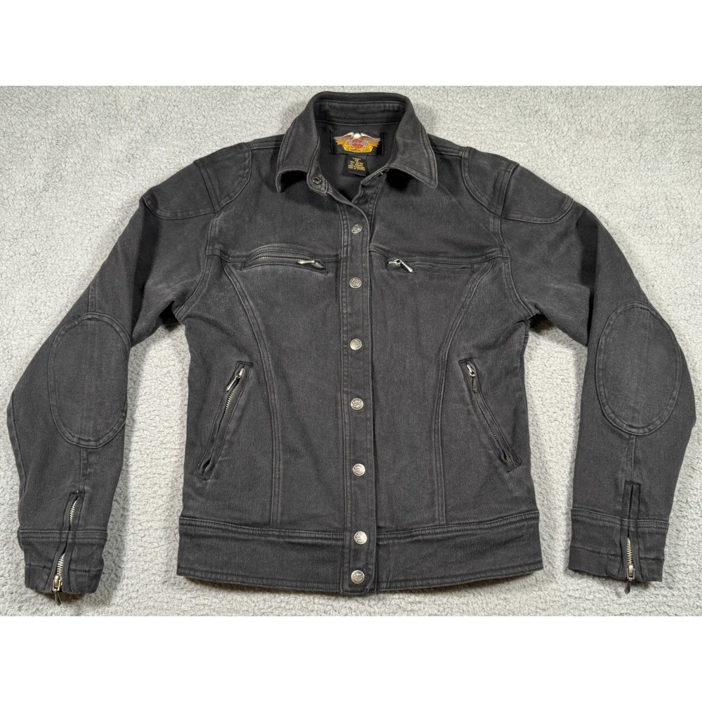 Harley Davidson Denim Jacket Womens XS Black Ride Free Stretch Embroidered Moto